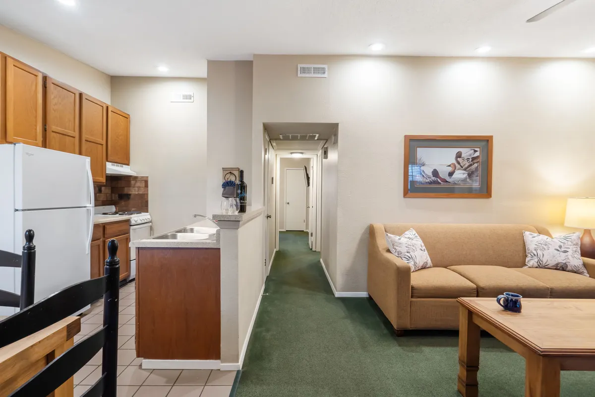 This cozy interior shot features a plush sofa, a well-equipped kitchen area, and hallway art, evoking the comfort and warmth of home. The space is open and inviting, perfect for both humans and their furry companions to relax together after a day of adventure.